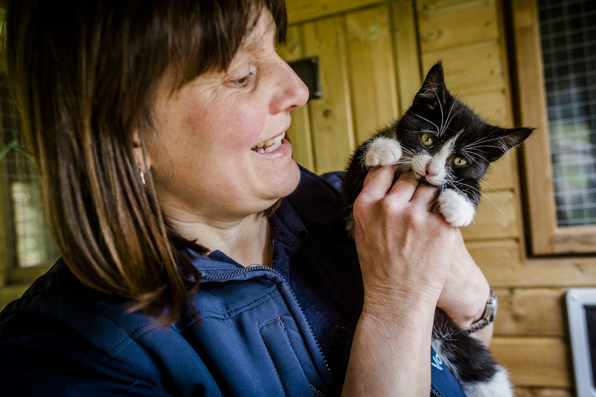 Woman holding black and white kitten