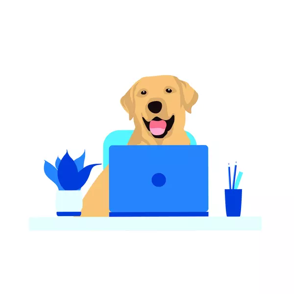 Yellow Labrador in front of a computer screen illustration