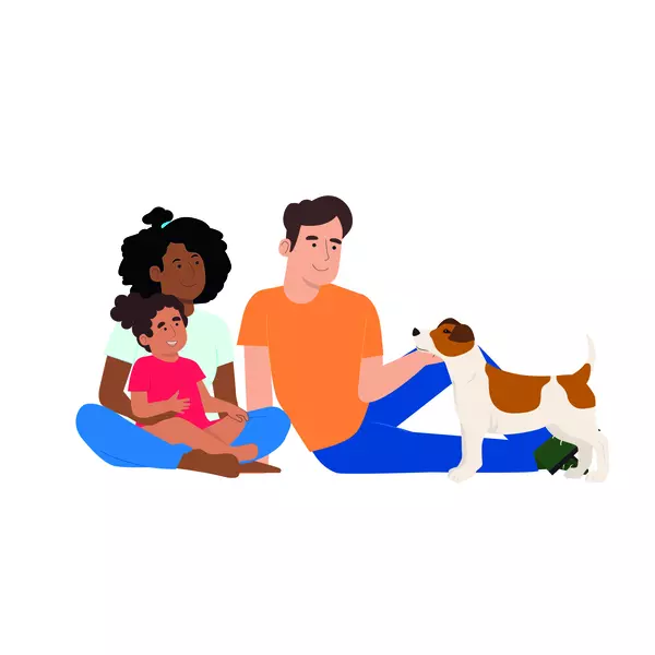 Dog being stroked by a man, sitting with a woman and young child illustration