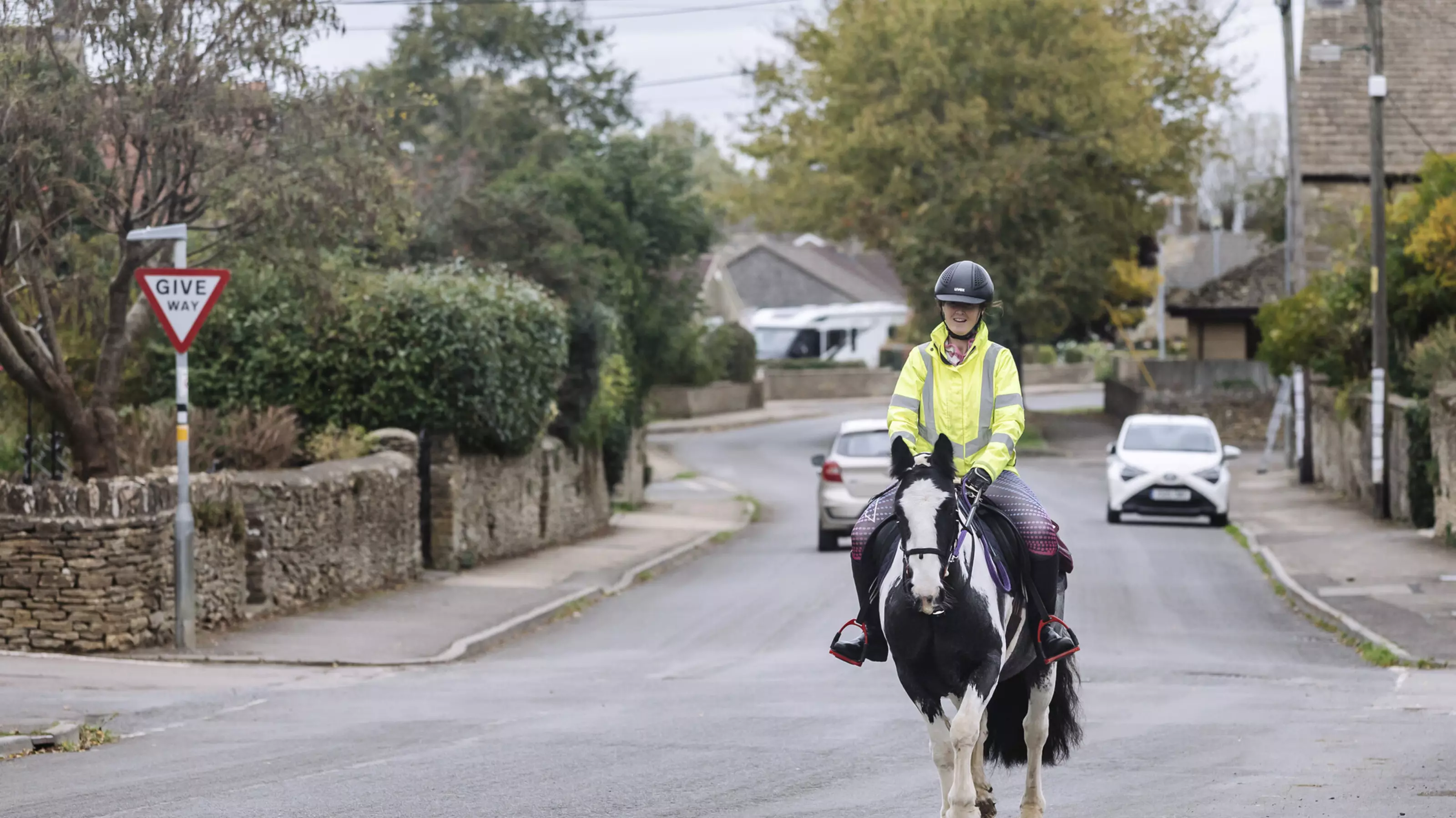 Black and white horse trots down village road with owner