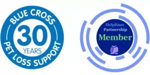 Two logos sitting side by side. First logo: Blue and white roundel that reads, Blue Cross 30 years Pet Loss Support. Second logo: Light blue and midnight blue roundel that reads, Helpline Partnership Member.
