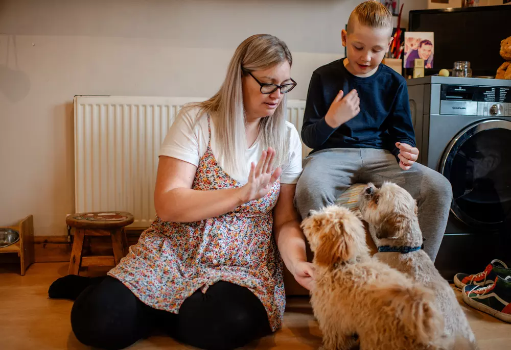 A blond haired woman and her son give hand commands to a poochon puppy and a shih tzu dog