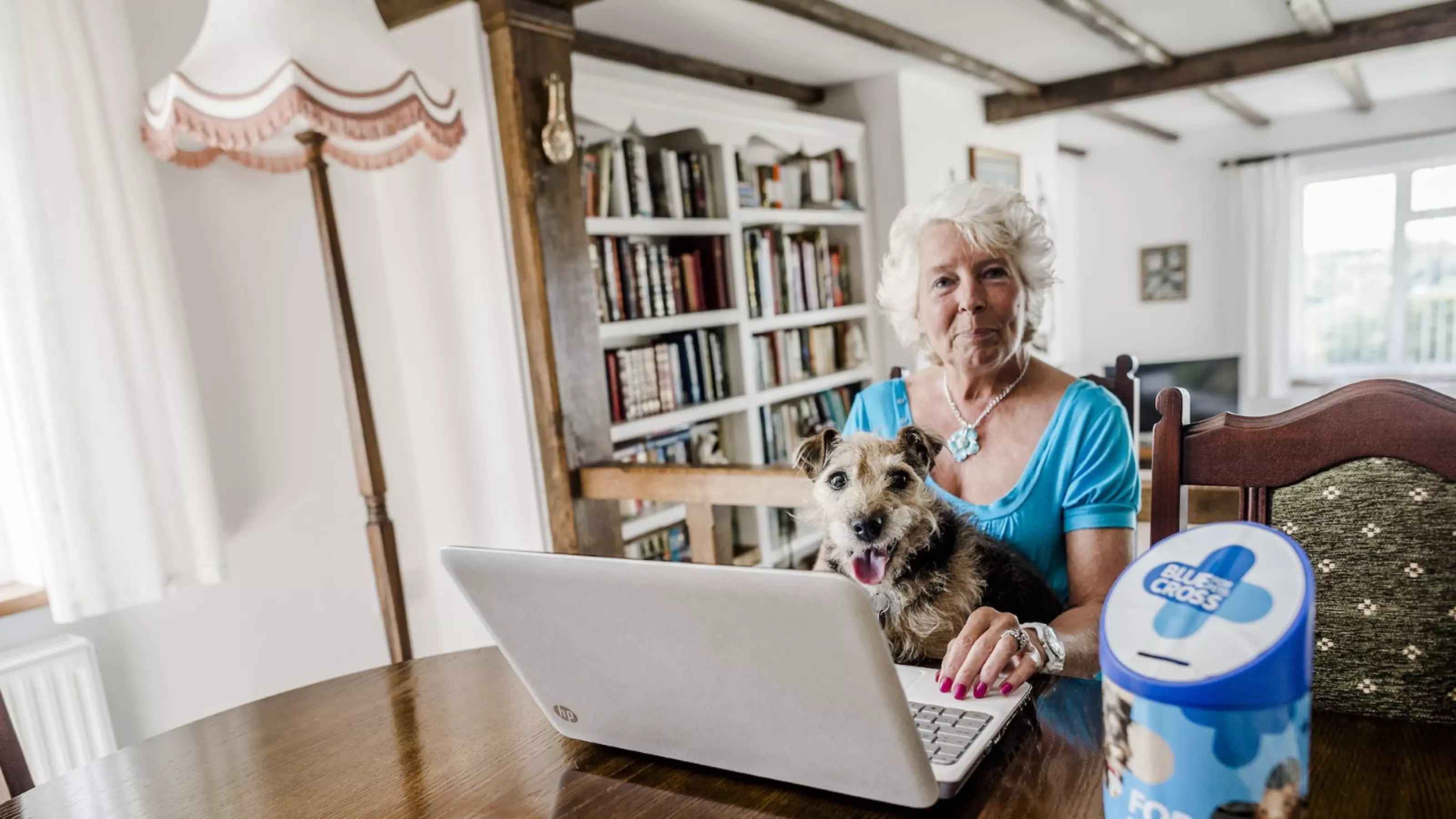 Female fundraiser with dog and laptop