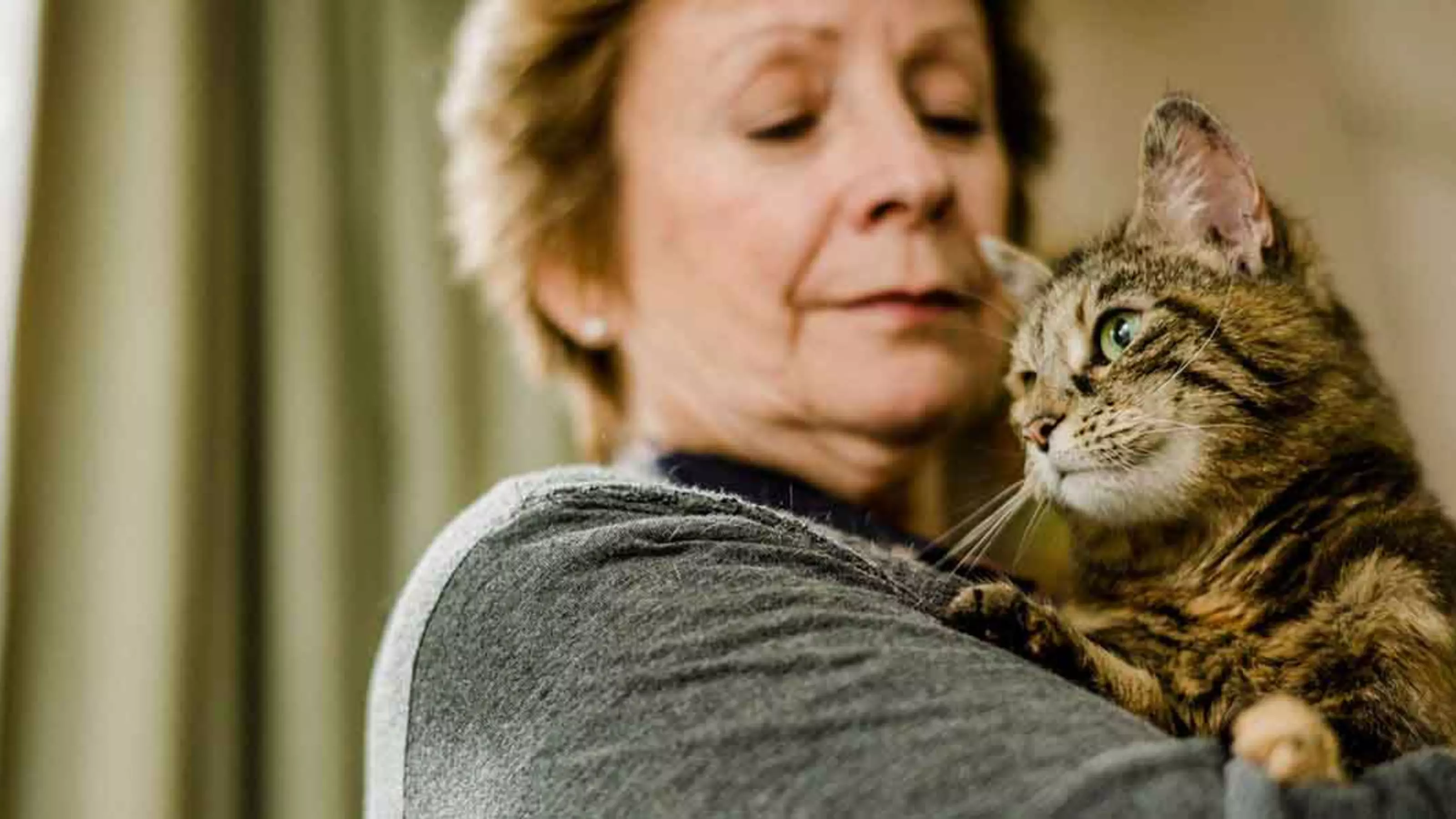 Older woman holding tabby cat
