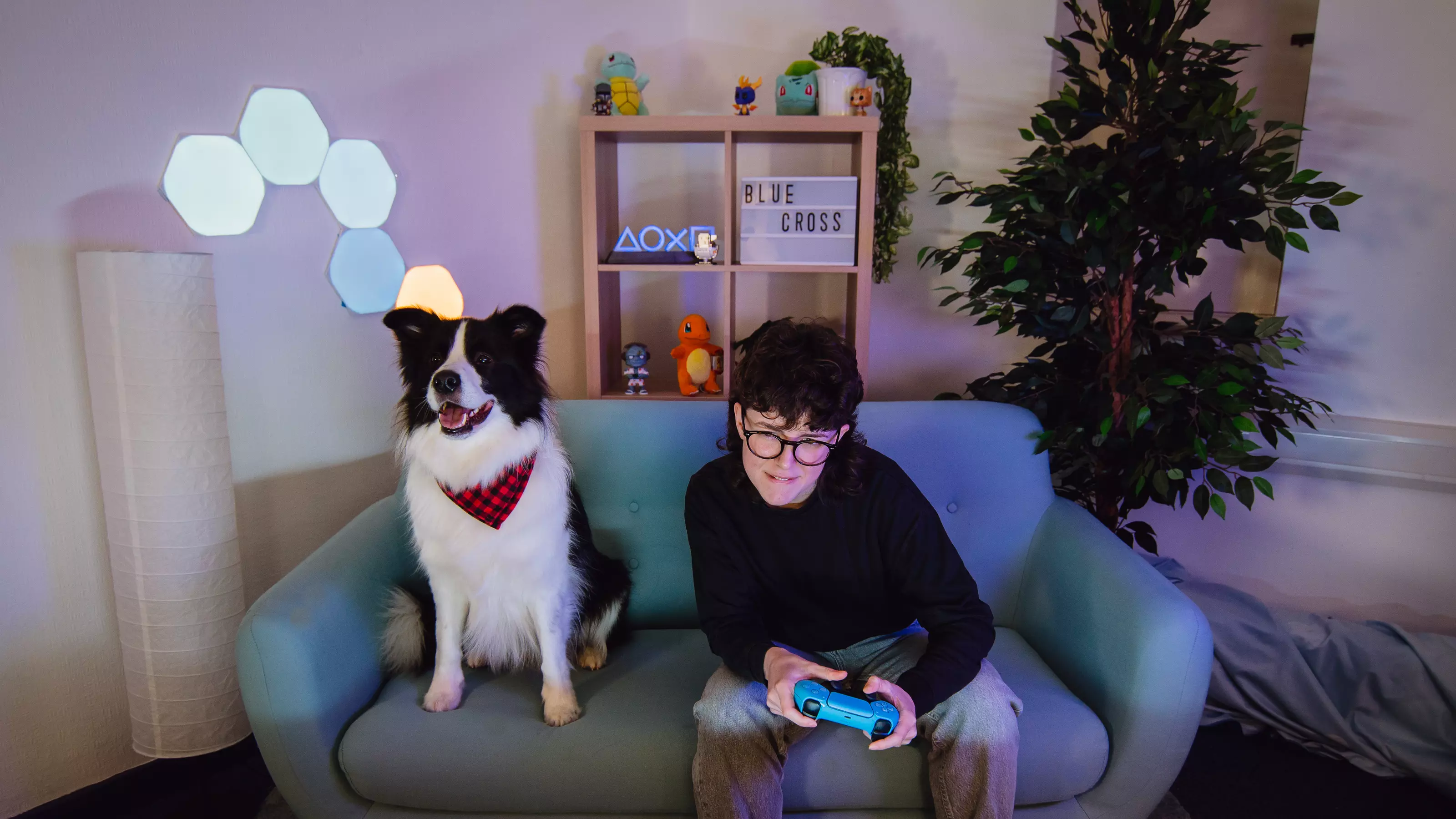 Woman gaming on sofa with collie sat next to her