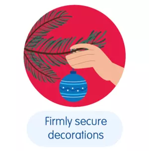 An illustrated hand putting a bauble on a Christmas tree branch